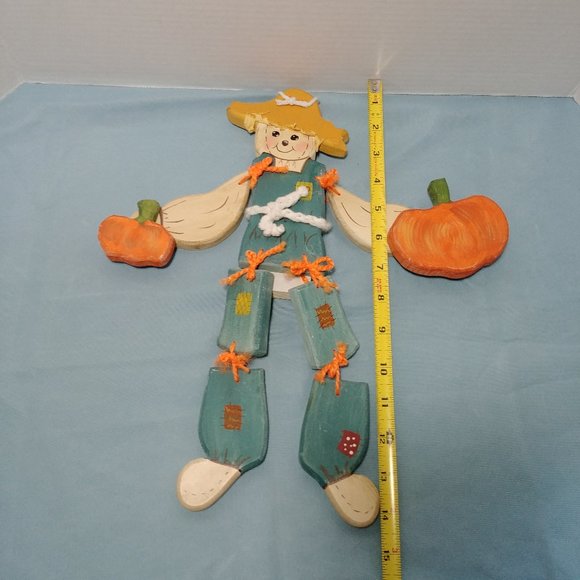 Hanging Wooden Scarecrow Holding Pumpkins, 14” Tall Wood - Picture 2 of 4